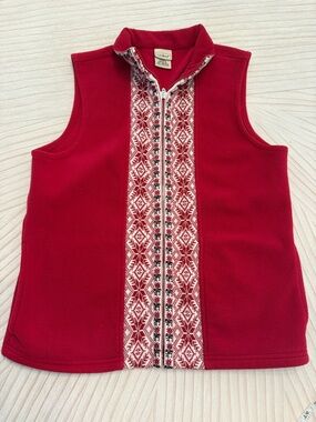 L.L. Bean Red Fleece Vest with Fair Isle Trim